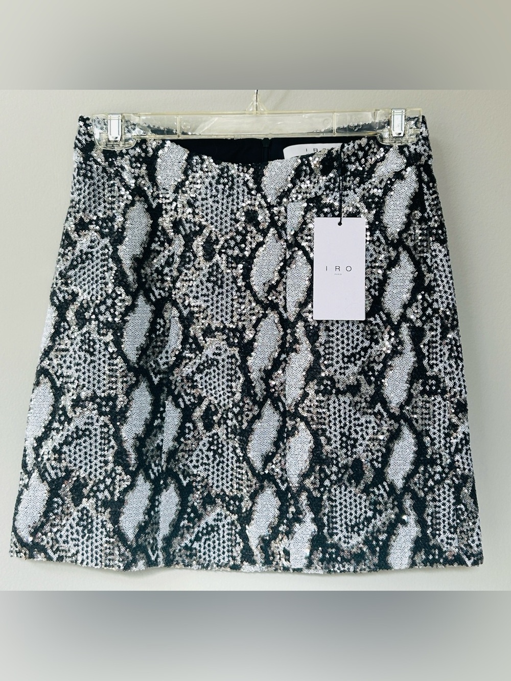 NWT IRO Alipa Black & White Sequin Snake-Print Mini Skirt Euro 34 US 2-4